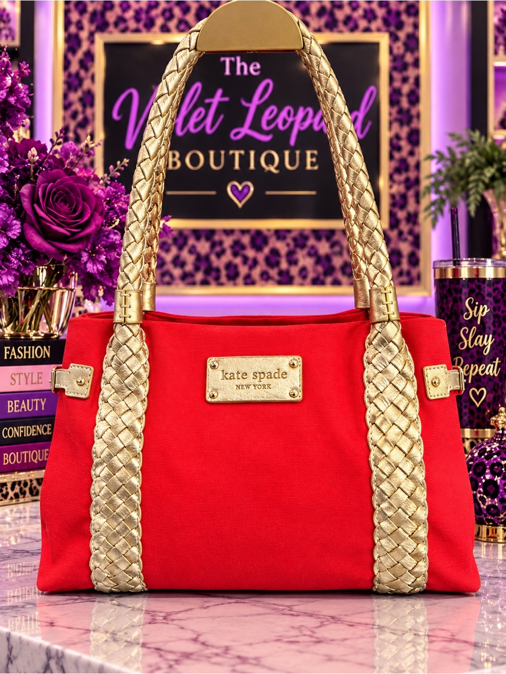 kate spade Red Shoulder Bag with Gold Braided Handles